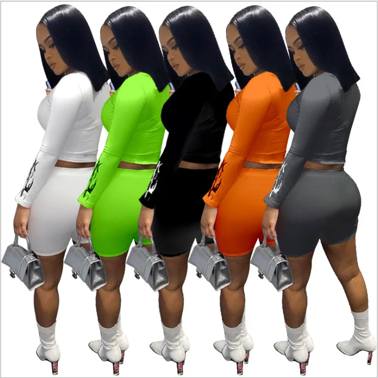 

Hot Sell Female Long Sleeve Casual Crop Top and Shorts Set bodycon streetwear sportswear 2 piece set women breathable sportswear