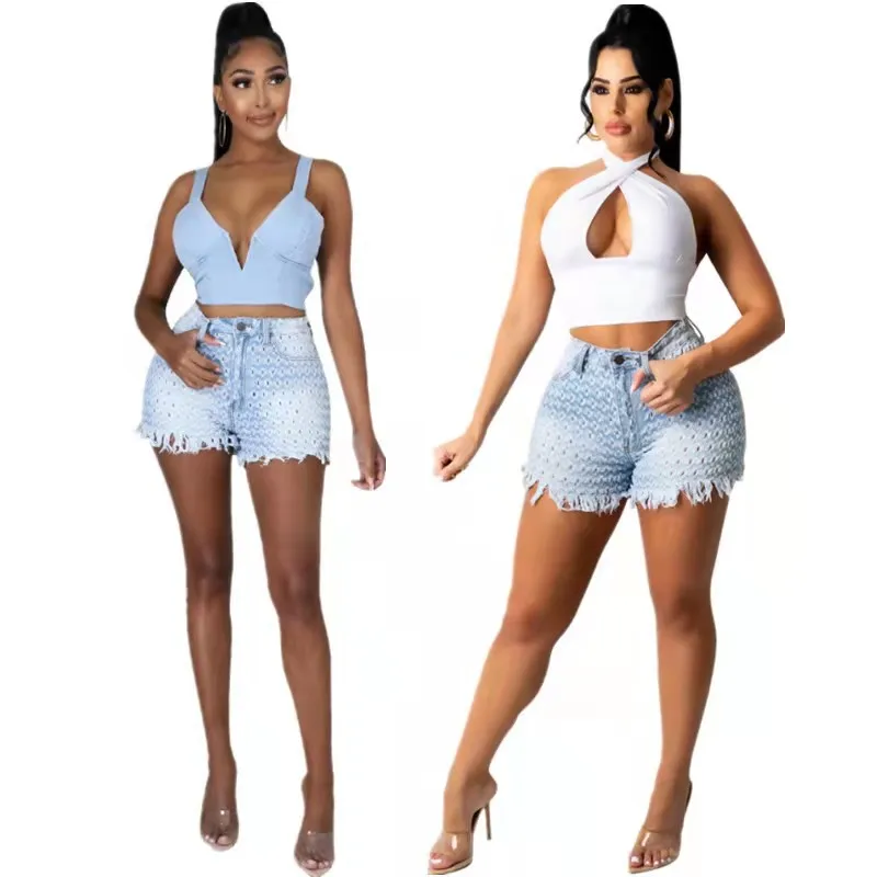 

2021 New Arrivals Fashion Tassel Holes Women Shorts Women Clothes Jeans Short Pants High waist Fashion broken denim Shorts, Light blue