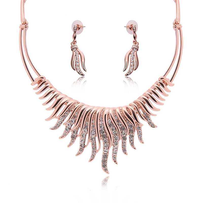 

Jachon Personality Rose Gold Wave Tassel Long Pendant Necklace And Drop Earring Alloy Plated Shiny Rhinestone Jewelry Sets
