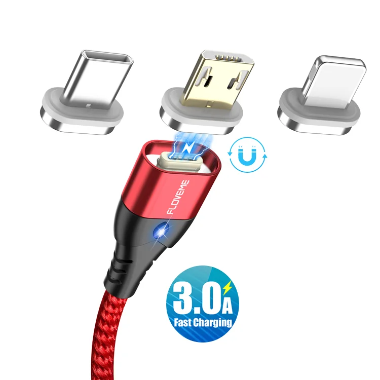 

Free Shipping 1 Sample OK FLOVEME 1M 3 en 1 3A Fast Charging Micro Type C USB Magnetic Charging Cable for iPhone Cable 3in1, Black/ red/ sliver