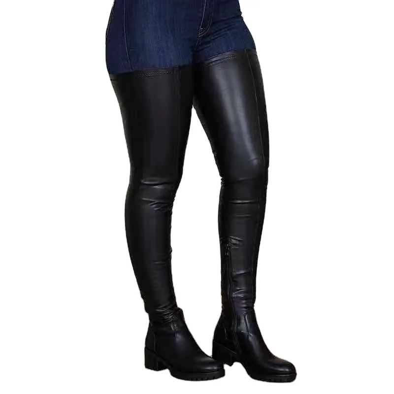 

Low MOQ Hot sale Winter fashion women stretch over the knee thigh high leather boots for Custom slim fit sexy zip open shoes, 2 colors as picture