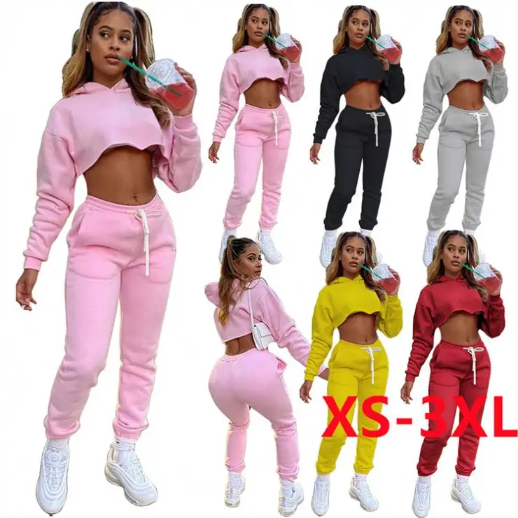 

Custom Logo Woman Crop Top Clothing Women Sweatpants Jogger Hoodie Set Cropped Sweatshirt Hoodies Sets, Customized color