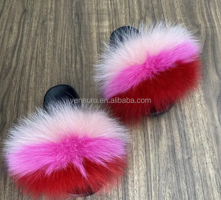 

Wholesale real fur slippers outdoor sliders sandals fox fur slides for women, Customized color