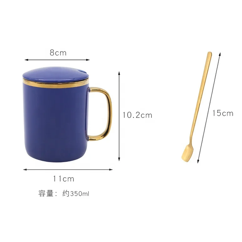 

Wholesale ceramic coffee mug with lid and spoon blue coffee mug gold handle milk tea cup, Yellow, blue, red, green