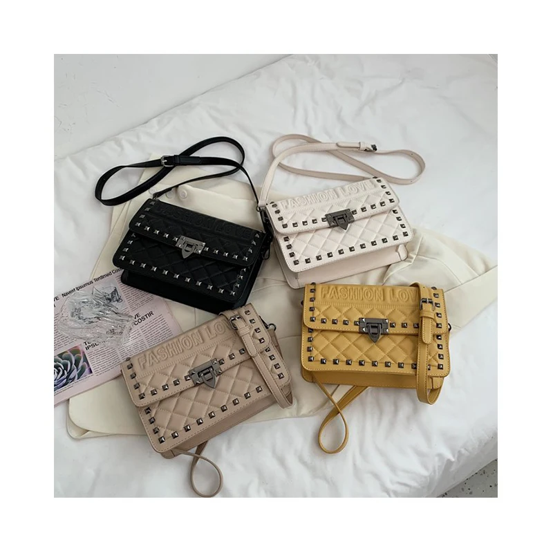 

New Design Quilted Ladies Rivets Shoulder Bag Embossed Letter Crossbody Bag Women HandBags Embroidery Purses