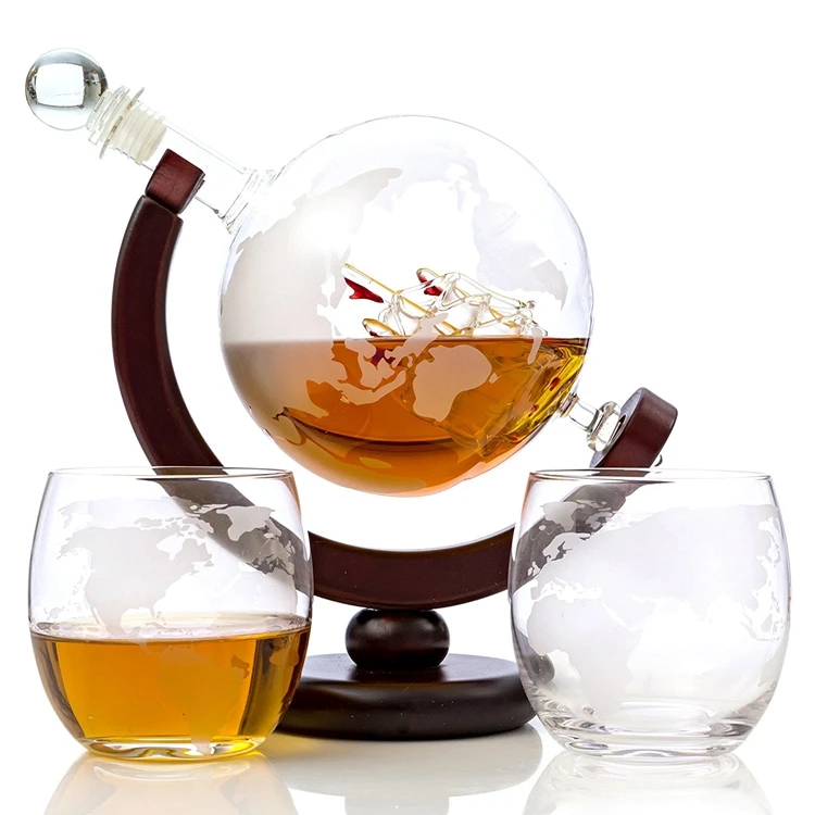 

Wholesale Etched 850ml Liquor Glass World Globe Whiskey Decanter Gift Set, Clear