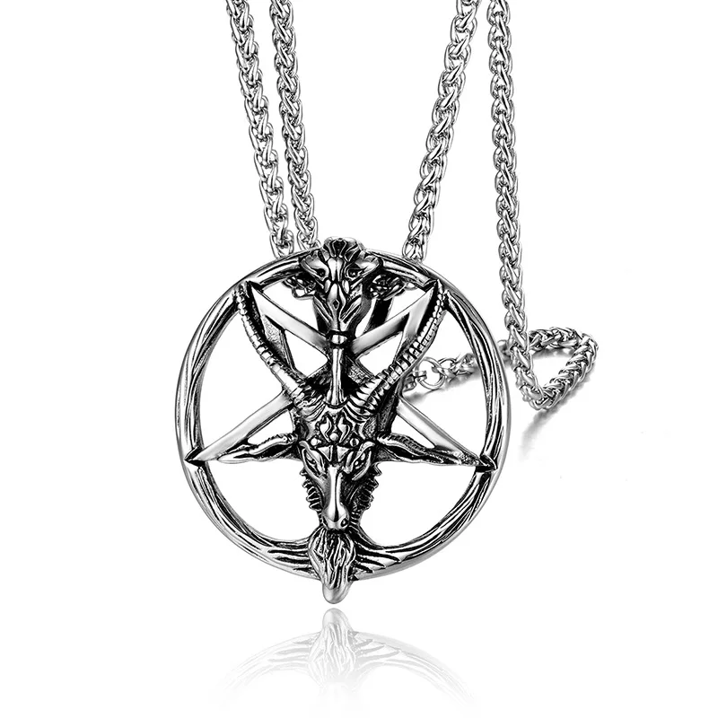 MARONEW Pentagram Symbol Pendant Necklace Baphomet Goat Head Design Vintage Stainless Steel Pagan Wiccan Occult Viking Jewelry