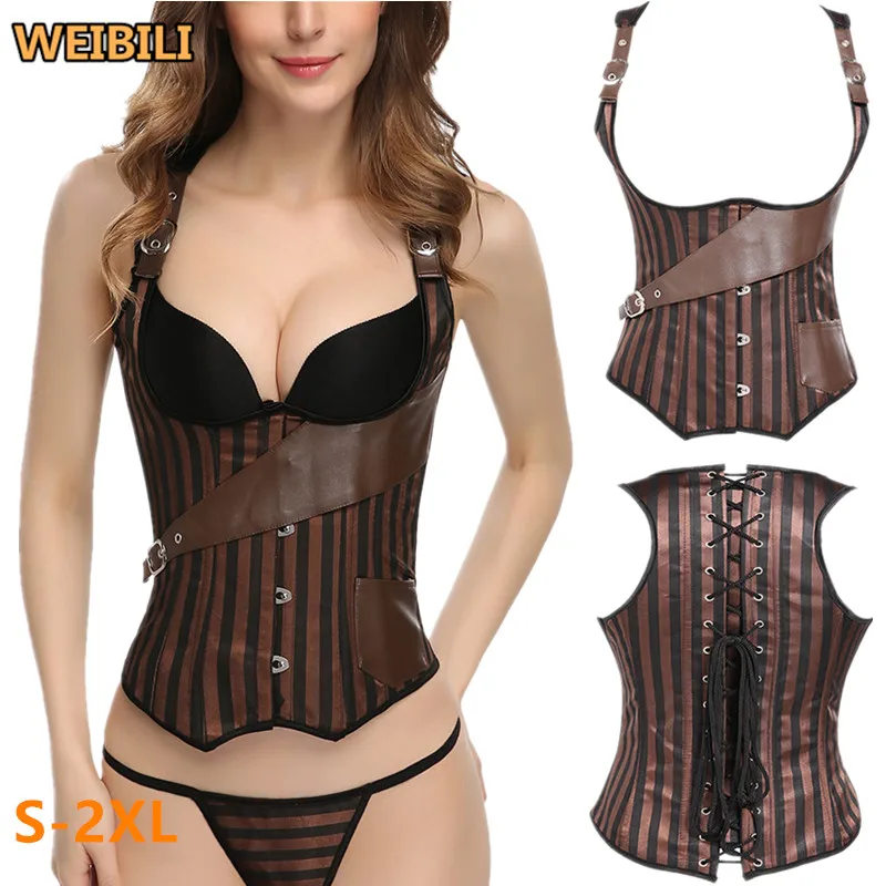 

Women Corset Sexy Steampunk Corsets Gothic Clothing Korset Lace up Strap PU Leather Bustier Corsage Steel bone Corset, Brown