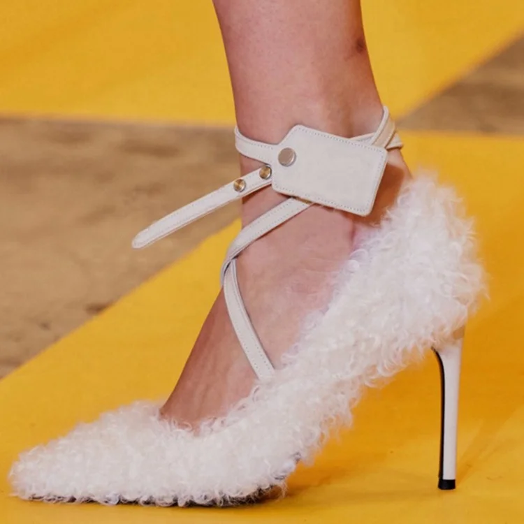 

Women Stiletto High Heel Shoes Ladies Super High Thin Heels Buckle Strap Pointed Toe Singe Heels Furry Women Dress Shoes, Black,mei red, red,green,white, blue