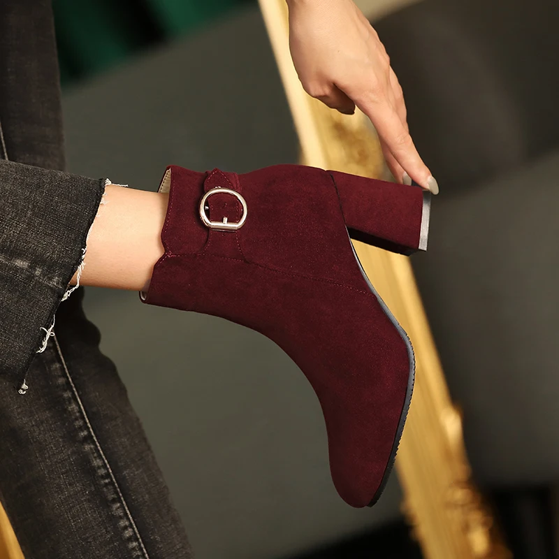

Hot Sale Autumn Winter Boot Heel Ankle Boots Women's Suede Leather High Heel Boot, Black/wine red