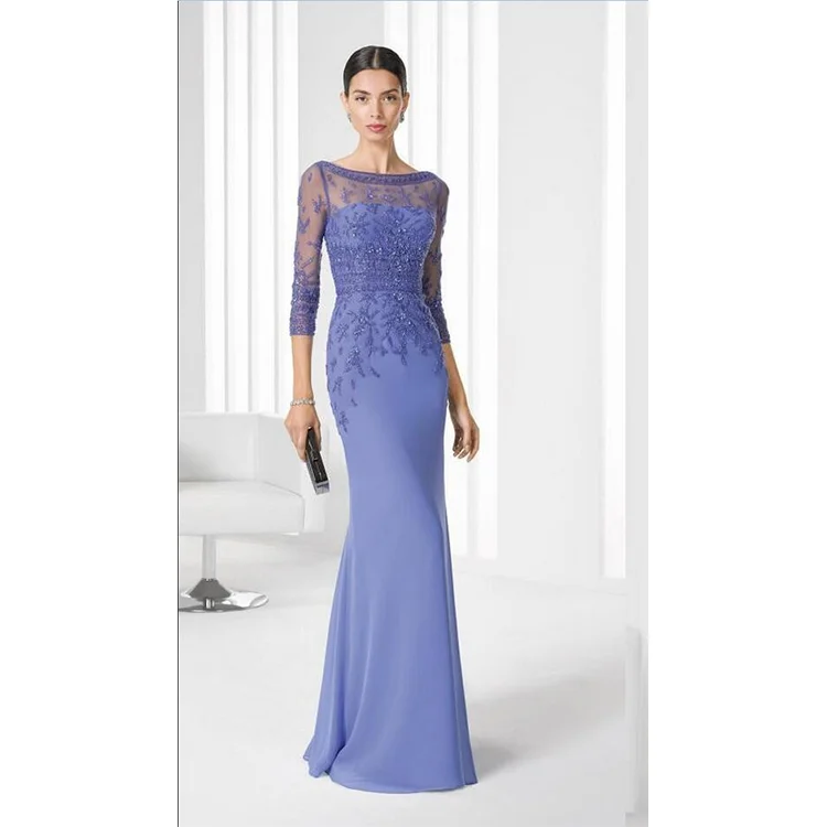 

2021 Blue Purple Lace Beaded Mermaid Mother of The Bride Dress 3/4 Sleeves Groom Godmother Evening Dress For Wedding Party Guest