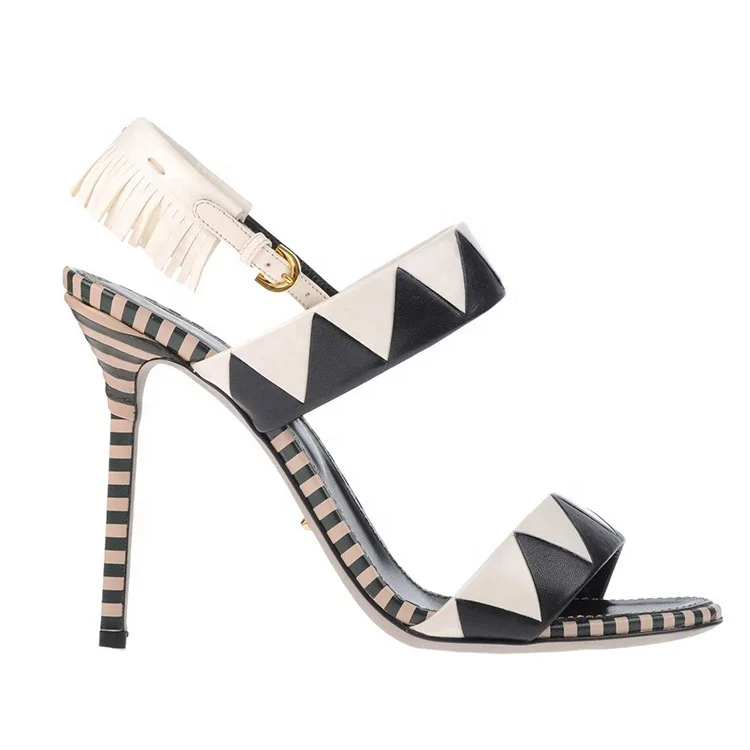 

2021 New Customized PU stripe white tassel high heels woman sandals, Multicolor