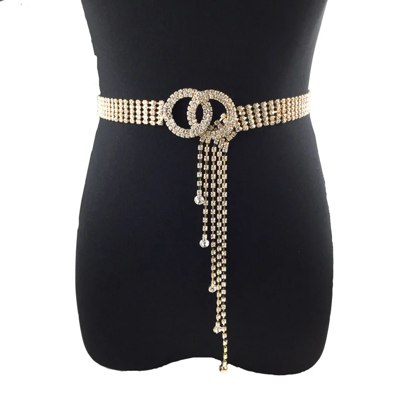 REWIN Women Sparkle Rhinestone Sparkle Chain Belt With Double O-Ring Waistband Belt Crystal Waist Belt With Shinny Tassel