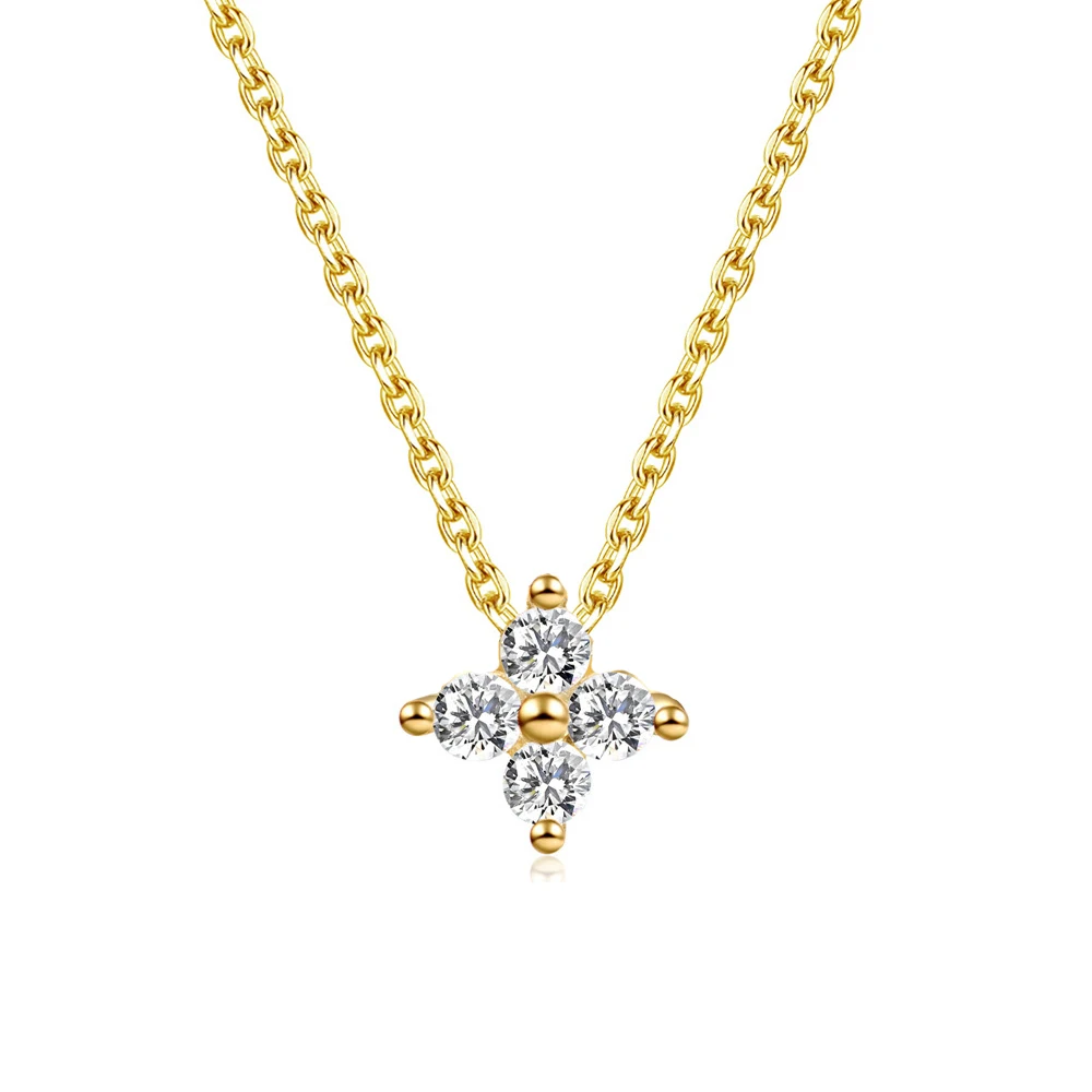 Concise Style Cubic Zirconia Gold Plated S925 Sterling Silver Flower Shape Chian Link Necklace for Women Jewelry