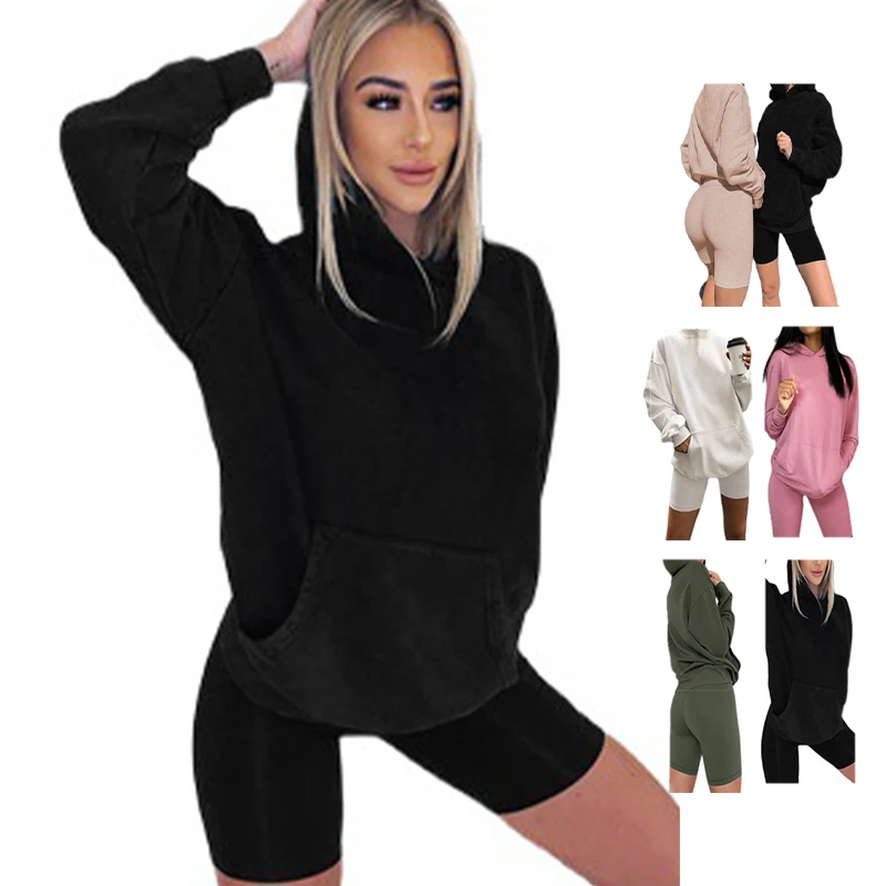 

Custom 2 Piece Short Set Women Sports 2pcs Biker Cotton Long Sleeve two Piece Outfits Jogger Hoodie Sets For Women Workout Set, Picture