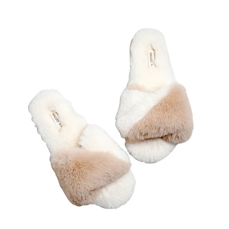 

SL-0012 Wholesale Simple Cross Hairy Cotton Slippers Waterproof Non-Slip Indoor Home Fur Slipper New Arrivals Women'S Slippers, White