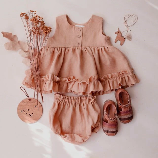 

0-24M Summer Toddler Baby Girl Clothes Outfits Sleeveless Ruffle Top Dress Buttons Vest Shorts Baby Outfit, As picture