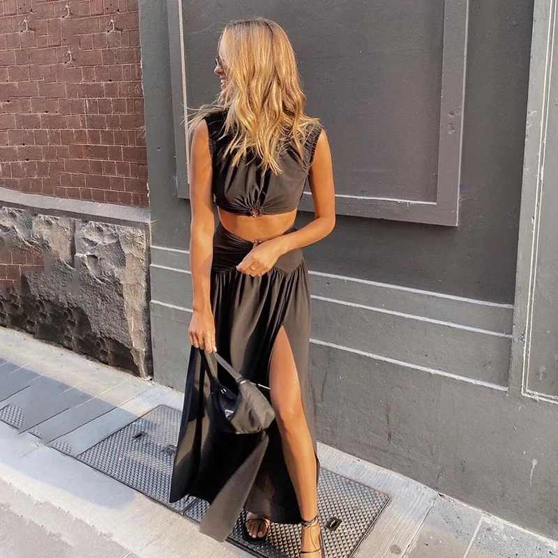 

Summer New Long Ruffle Lace Up Crop Top Twist Split Skirt Ladies Casual Two Piece Skirt Set, Black, brown, blue