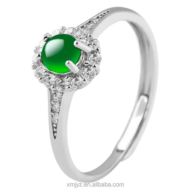 

Certified Grade A Natural Emerald Green Ring Ice Jade Stone S925 Silver Inlay Fashion Ring Women's Simple And Adjustable