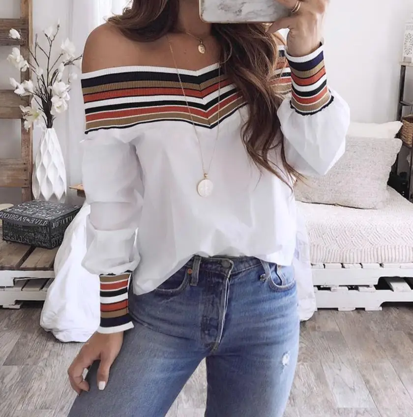 

Women Autumn plus size Casual Multicolor Long Sleeve Off Shoulder Top Blouse