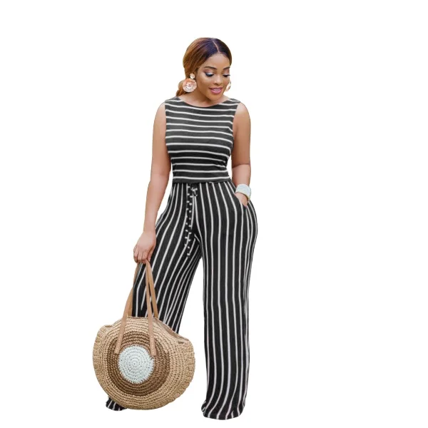 

Factory Price Sexy Women's Loose Sleeveless Striped Two-piece Set With Pockets