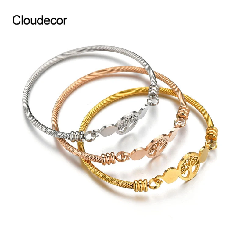 

18k Screw Gold Tree Life Bangle Gold Plated Jewelry Tree Of Life Bangle Stainless Steel Bangle Cable Jewelry, Steel/gold/rose gold