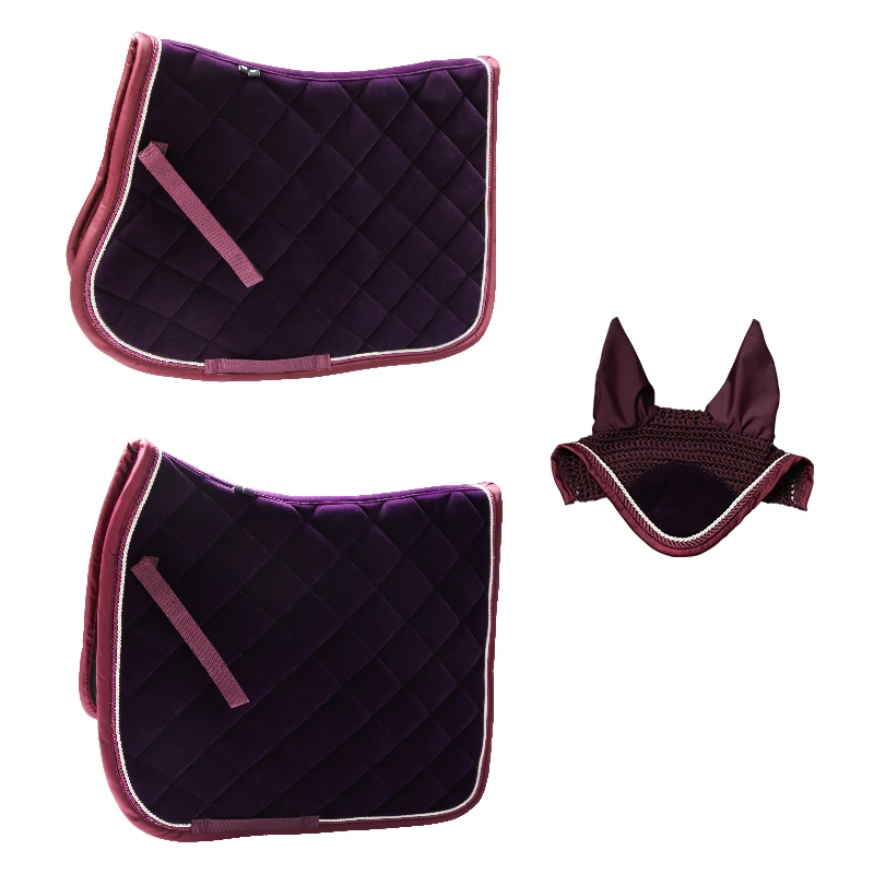 

Horse Saddle Pad & Fly Veil Set High End Velvet Jumping Dreessage Saddle Pads and Bonnet Equine Equestrian Horse Products, Customized color