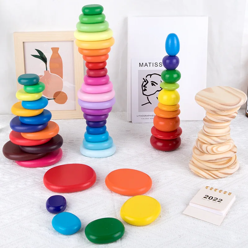 

Funny Wooden Rainbow Stacked Stone Pebble Building Blocks Early Childhood Education Color Cognition Stacking Toys kids children