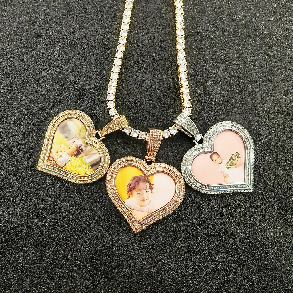 

Hot Gold Plated Photo Sublimation Blank Necklace Jewelry Neck Chain Zircon Heart Photo Hip Hop love heart shape Pendant