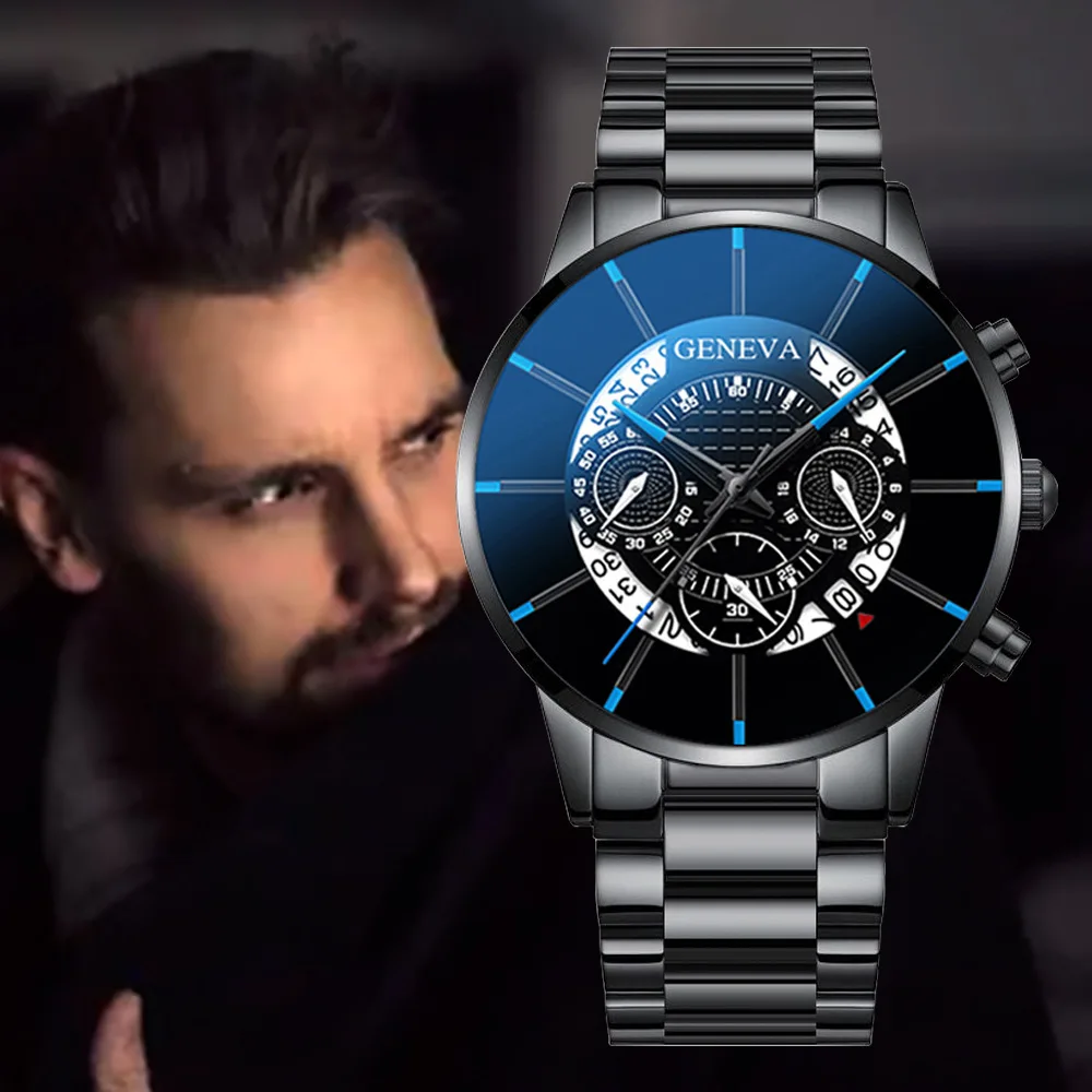 

2021 Fashion Men Casual Quartz Watch Classic Black Steel Band Geneva Wrist Watch Luxury Calendar Business Watch (KWT2245), As the picture