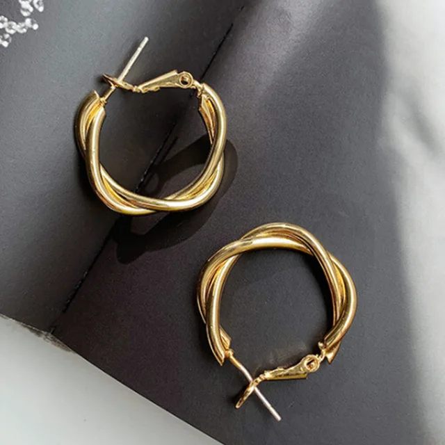 

Simple Design Gold plated Glossy Twisted Circle Earrings 925 Sterling Silver Needle Twist Chunky Hoop Earrings