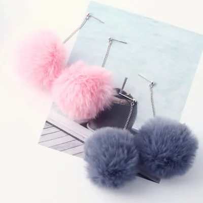 

Winter Pom pom Ball Dangle Earrings Pink Color Faux Fur Ball Drop Earrings 925 Sterling Silver Stud Earrings For Girls, As picture