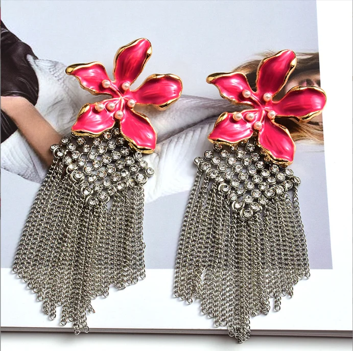 

New Arrival Long Metal Chain Tassel Dangle Drop Earrings High-Quality Luxury Crystal Flower Jewelry Accessories For Women