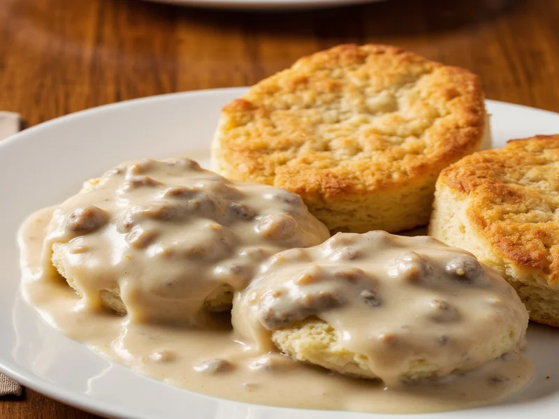 Flaky homemade biscuits with creamy sausage gravy