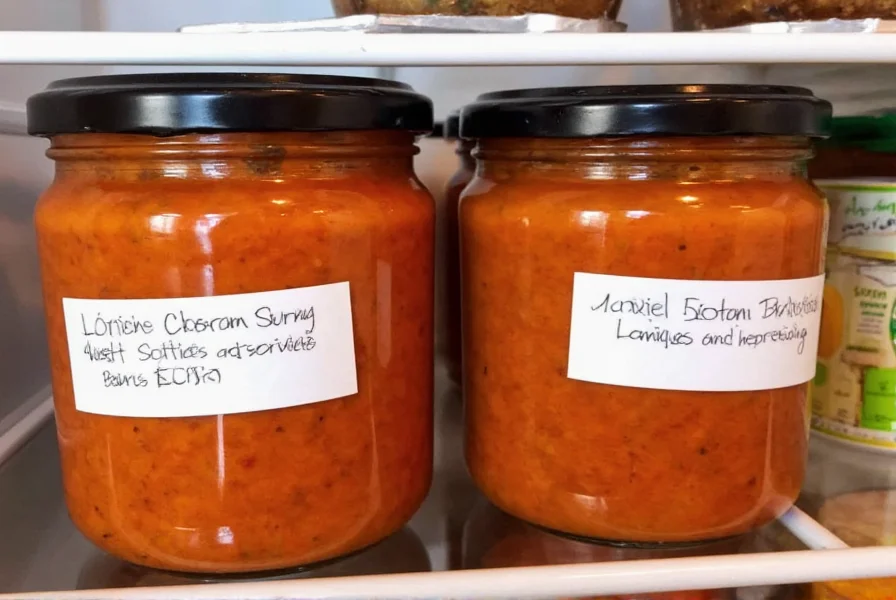 Glass jars containing prepared sofrito stored in refrigerator with labels indicating date and regional variation