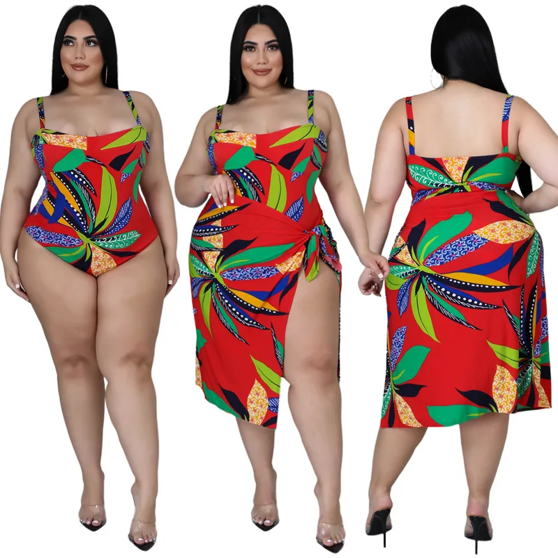 

C0305ME80 Plus Size Women Print Spaghetti Strap Romper and Cover Ups Two Pieces Swimsuit Set SEHE FASHION