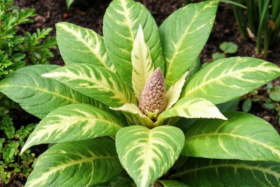 Close-up view of Ginger Frost plant showing distinctive variegated leaf pattern with green centers and creamy white margins