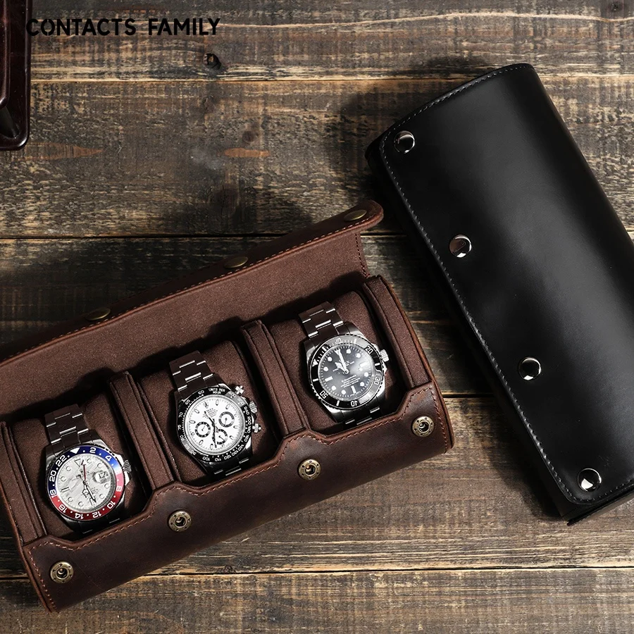 

CONTACT'S FAMILY Luxury Black Watch Display Storage Men Roll Box Genuine Leather Watches Case Organizers