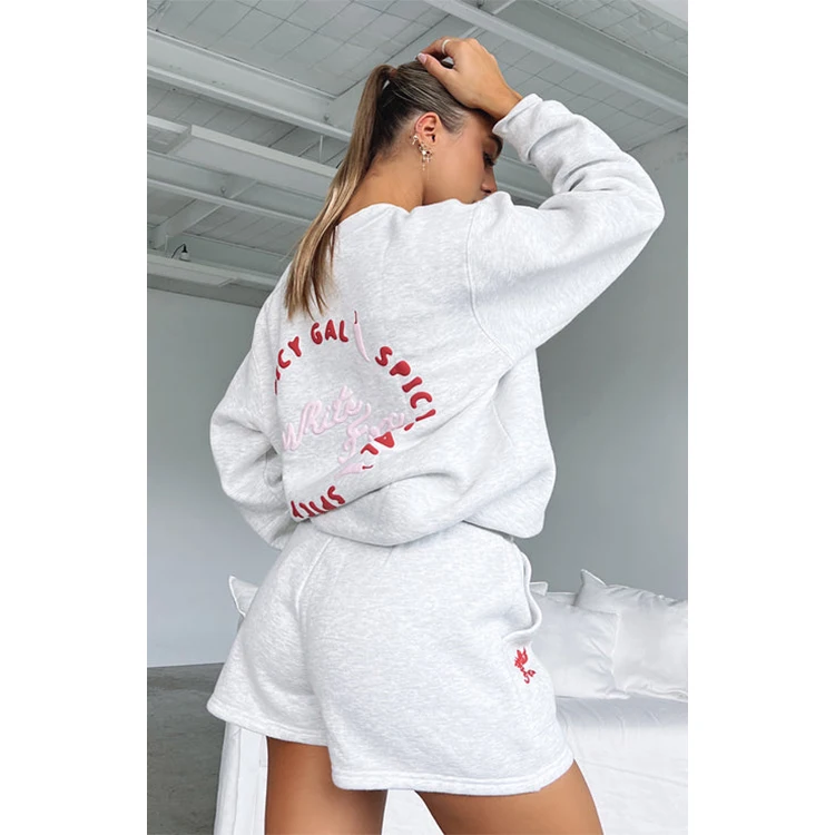 

Custom logo sweat suit street wear ladies short set sportswear 2 piece hoodie and shorts set