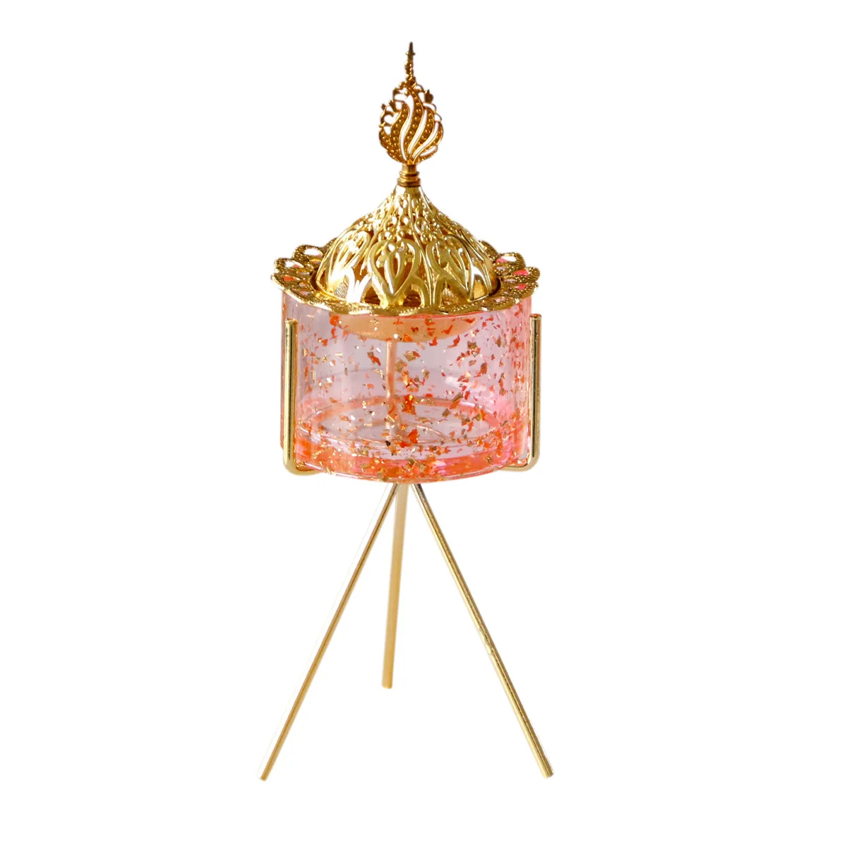 

Fashionable Light Luxury Pink Resin Incense Burner with Lid and Gold Metal Tripod