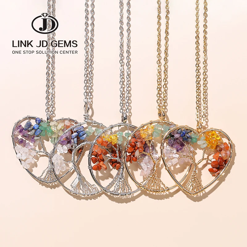 

JD Wholesale Stainless Steel Chain 7 Chakra Healing Crystal Reiki Stone Necklace Seven Chakras Gravel Life Tree Necklace