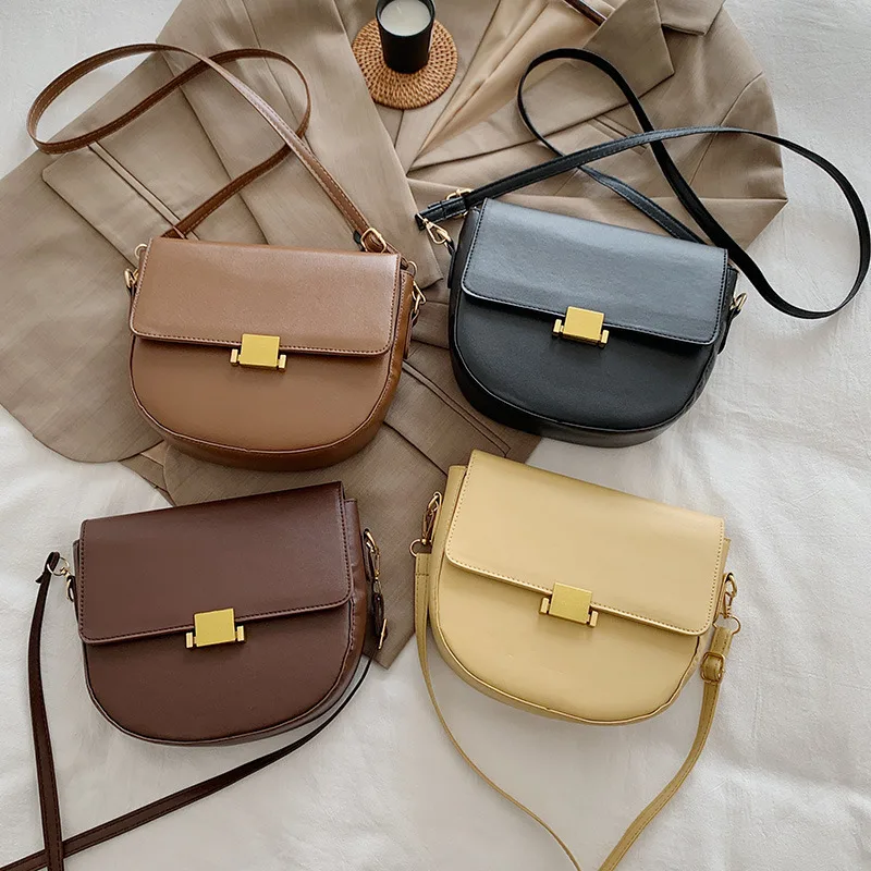 

Fashion Retro Simple PU Shoulder Cross body Bag Ladies High Quality Saddle Bag Leather Messenger Bag, As picture shown