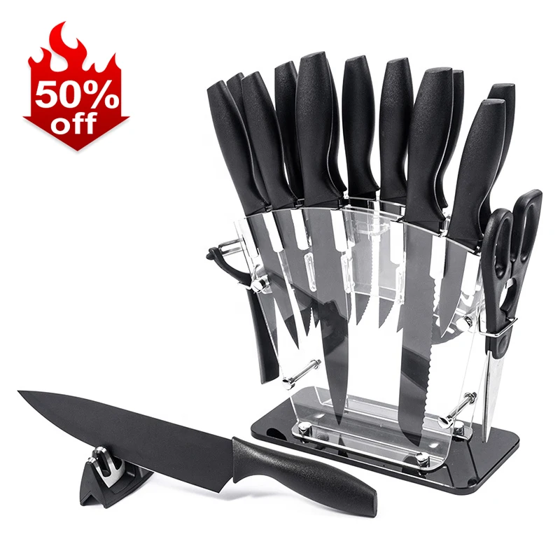 

Amazon Hotsale 17 Piece Stainless Steel Kitchen Chef Knives Colorful Kitchen Knives Set with Knife Sharpener Black Kitchen Set