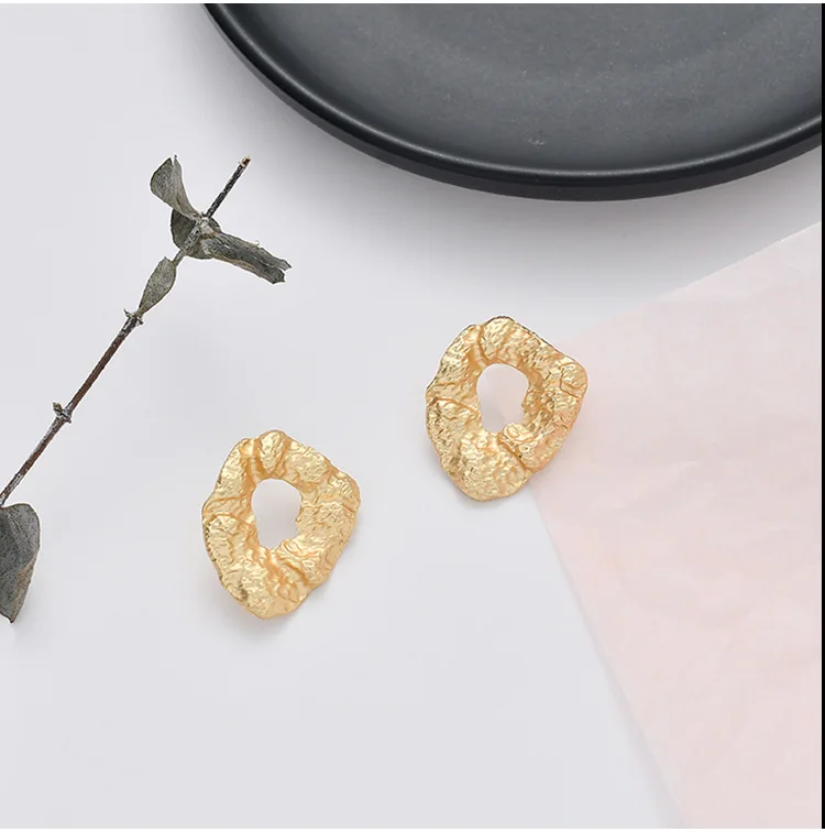

JUHU New personality irregular bump geometric earrings simple temperament golden matte earrings popular round alloy jewelry, Gold