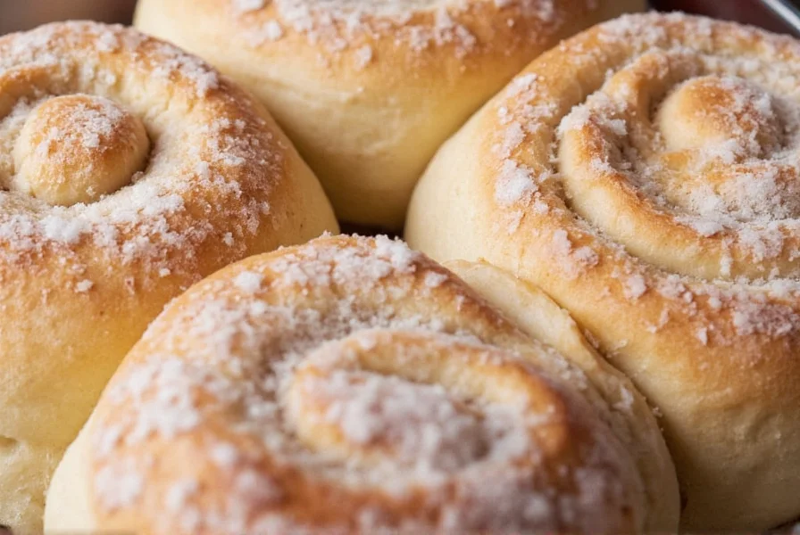 Close-up of moldy cinnamon roll showing white and green mold spots on icing and dough
