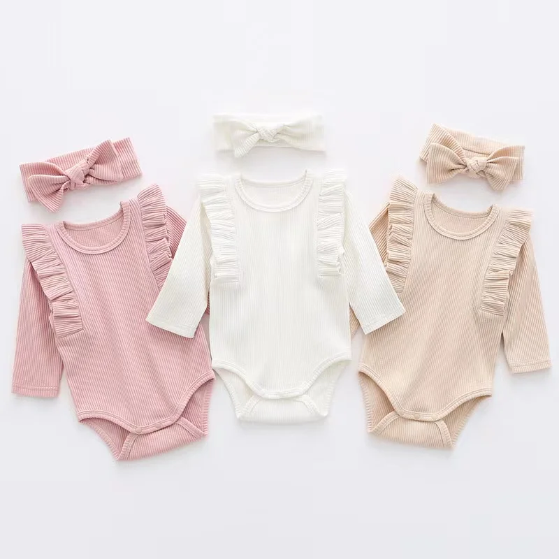 

Northern Europe Rib Baby Girls Romper with Headband 2pcs Outfits Spring Infant Jumpsuit Autumn Solid Quality Newborn Cloth