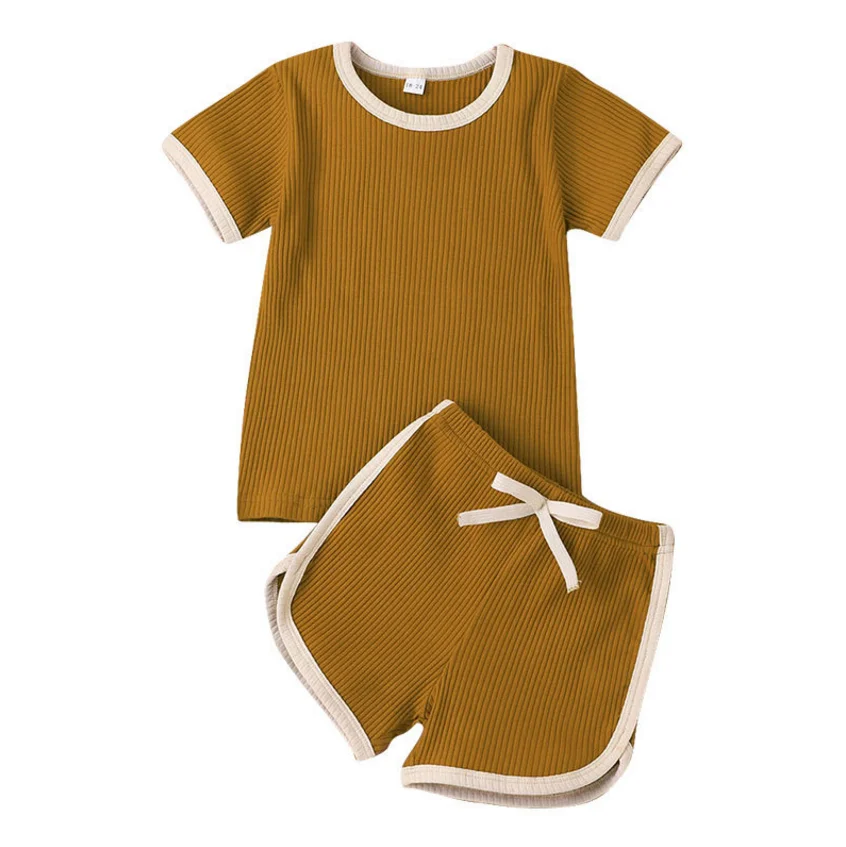 

New kids clothing sets children's boutique clothes suit wholesale unisex baby summer ribbed cotton outfit, Customized color