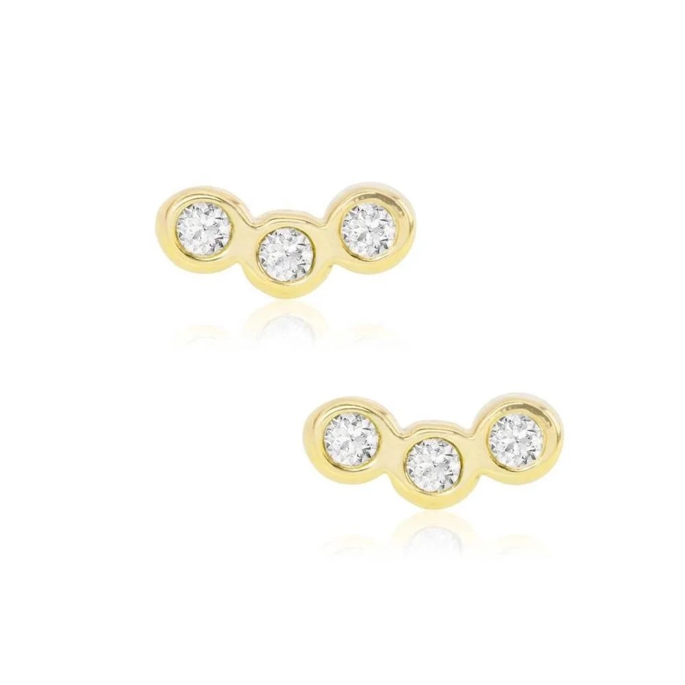 LOZRUNVE Unique Trendy Design Bezel 3 CZ Stone Bar Stud Earring 18K Gold Plated