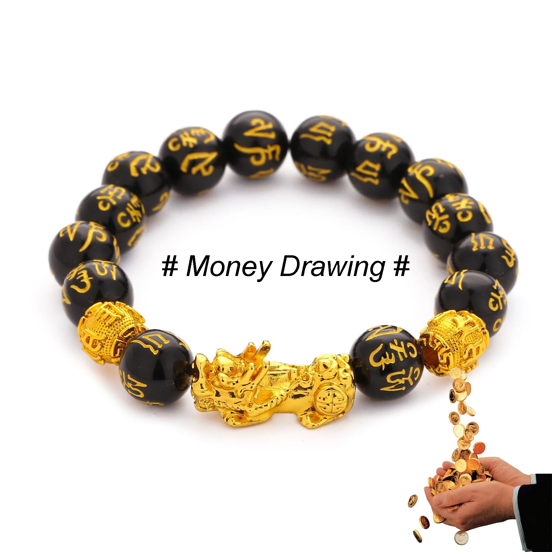 

Bring Good Luck wealth Black Obsidian Stone Beads Men 24K Gold Pixiu feng shui Bracelet, As picture