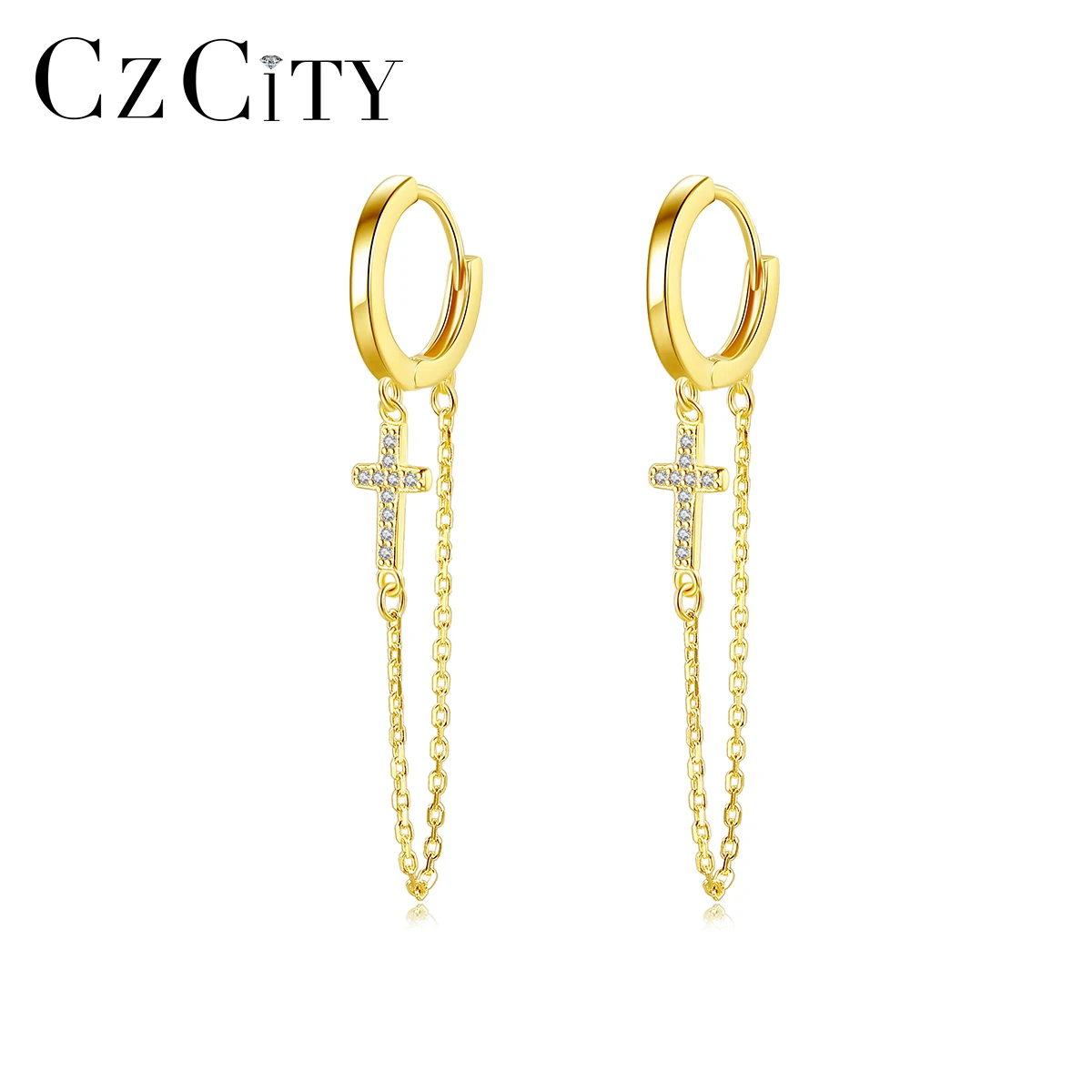 

CZCITY Chian Cross 925 Gold Plated Drop Huggie Ear Trending Cool Earing Charm Chain Earring